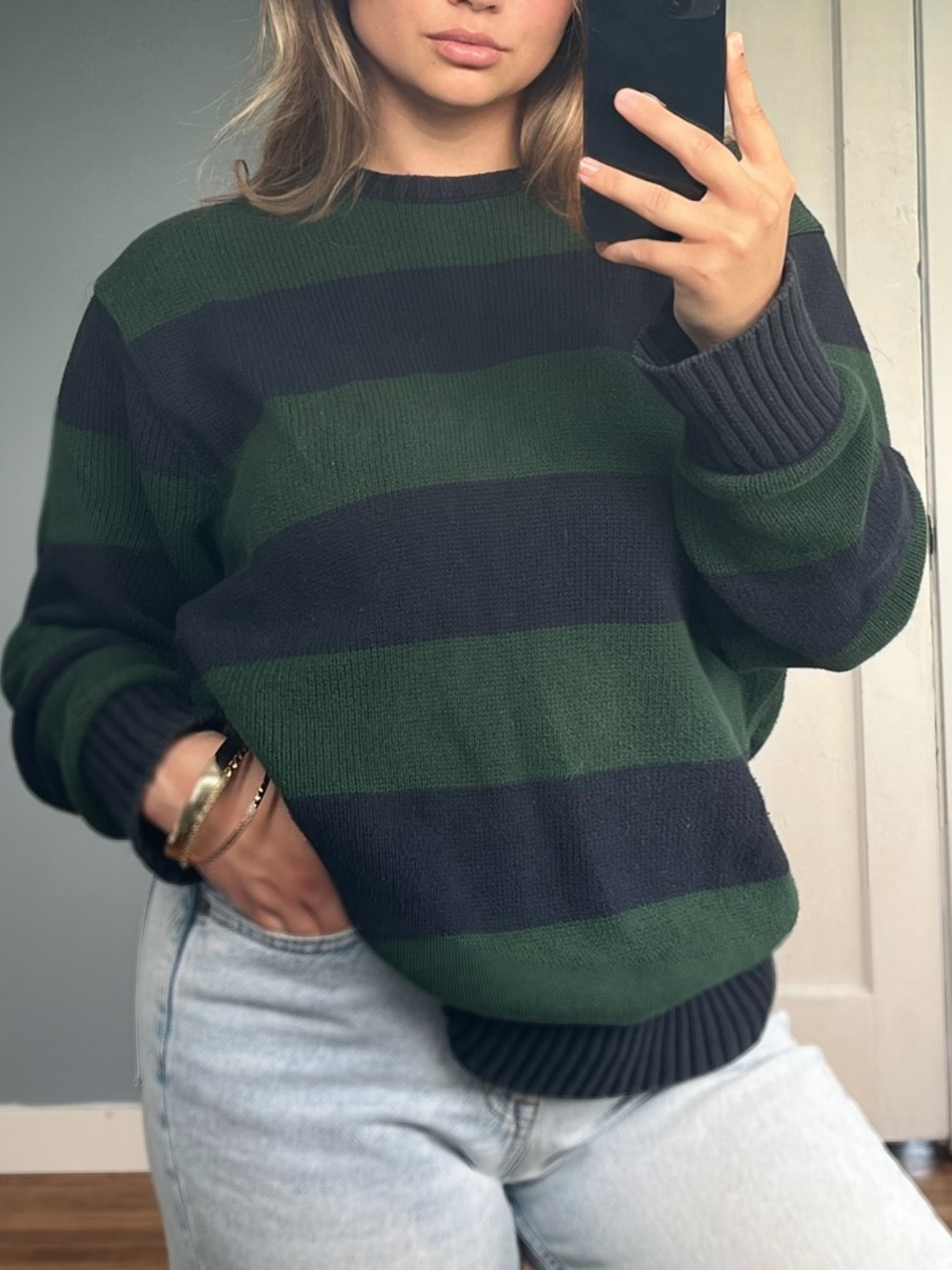 Brandy Melville Green & Black Wide-Striped Crewneck Sweater